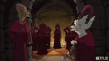a group of cartoon characters are standing in a room with netflix written on the bottom