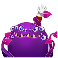 a purple monster with many eyes and a hand