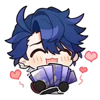 a cartoon boy with blue hair is holding a fan in his hands .