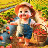 a baby is holding a basket of strawberries in a strawberry field .
