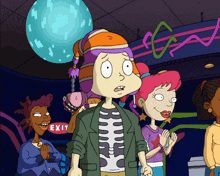 a group of cartoon characters standing in front of a sign that says exit
