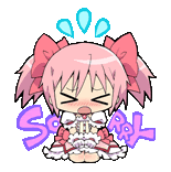 a cartoon of a girl with pink hair and a bow on her head is sitting down with her eyes closed .