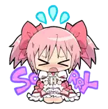 a cartoon of a girl with pink hair and a bow on her head is sitting down with her eyes closed .