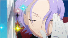 a girl with purple hair and white gloves has a hand on her face