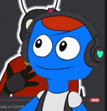 a blue cartoon character wearing headphones has a heart on his ear