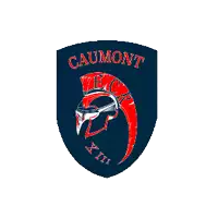 a shield with a red and white helmet and the word caumont on it