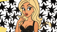 a cartoon drawing of a woman with a black and white star pattern in the background