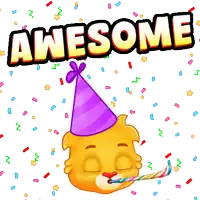 a cartoon cat wearing a party hat and blowing a party horn with the words awesome behind it