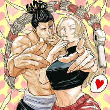 a drawing of a man and a woman with a heart in the background