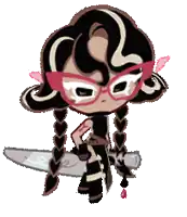 a cartoon girl with braids is holding a knife .