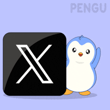 a penguin is standing next to a black square with a white x on it