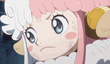 a cartoon character with pink hair and blue eyes looks angry