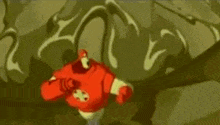 a close up of a cartoon character with a surprised face .