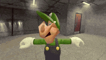 a cartoon character with a green hat and overalls is standing in a room with his arms outstretched