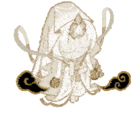 a cartoon character is wearing a white veil and holding a pair of swords .