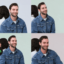 four pictures of a man wearing a denim jacket with the word calvin klein on it