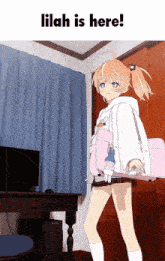 a cartoon girl is standing in a room with the words lilah is here