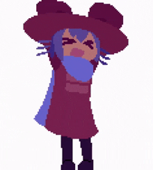 a pixel art of a witch with blue hair and a purple hat