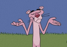 a cartoon of a pink panther standing in a field