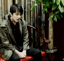 a young man in a green jacket is sitting on a bench in front of a potted plant .