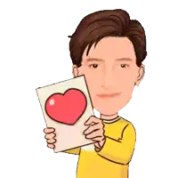 a man in a yellow shirt is holding a piece of paper with a heart drawn on it
