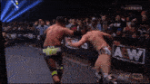 two men are wrestling in front of a crowd and a aew logo