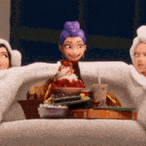 a cartoon woman with purple hair is sitting in a bathtub with a tray of food .
