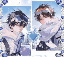 a picture of a boy wearing goggles and a scarf is surrounded by blue hearts