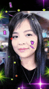 a woman with a sticker on her face that says " a "