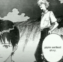 a black and white drawing of a man standing next to another man with a speech bubble .