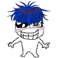 a pixel art of a person with blue hair and glasses