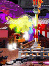 a computer generated image of a city with buildings and a lantern in the foreground