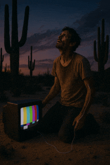 a man is kneeling in front of a television with a rainbow of colors on the screen