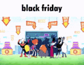 a group of cartoon characters are standing in front of a store with the words black friday written above them