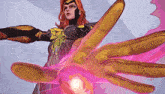 a woman in a superhero costume is holding a pink sphere in her hand