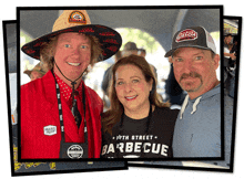 three people posing for a picture with one wearing a shirt that says barbecue