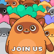 a cartoon of a raccoon surrounded by other raccoons with the words join us on the bottom
