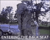a man is entering the back seat of a truck in a park .