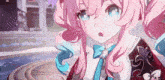 a close up of a pink haired anime girl with blue eyes .