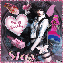 a picture of a girl with a gun and a heart that says happy birthday