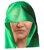 a woman wearing a green scarf covering her face
