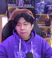 a man in a purple hoodie is sitting in a chair in front of a microphone .