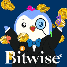 a penguin holding a magnifying glass surrounded by coins and the word bitwise on the bottom