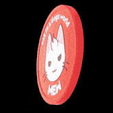 a red coin with a cat on it that says " mew "