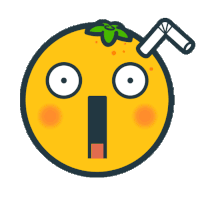 a surprised orange with a straw in its mouth