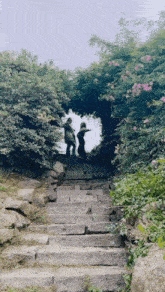 a couple standing on a set of stone stairs in a garden