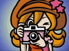 a cartoon of a girl taking a picture with a pink camera
