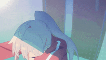 a drawing of a girl with blue hair