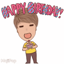 a cartoon of a man holding a birthday cake with the words `` happy birthday '' written on it .