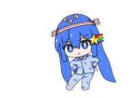 a cartoon of a girl with blue hair wearing pajamas and a hat
